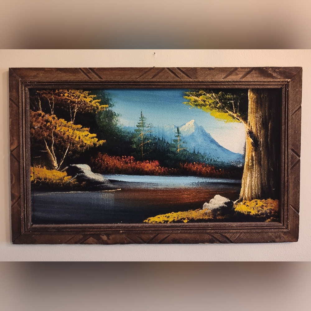Vintage 70s Mid Century Modern Black Velvet Oil Painting Landscape Mexico